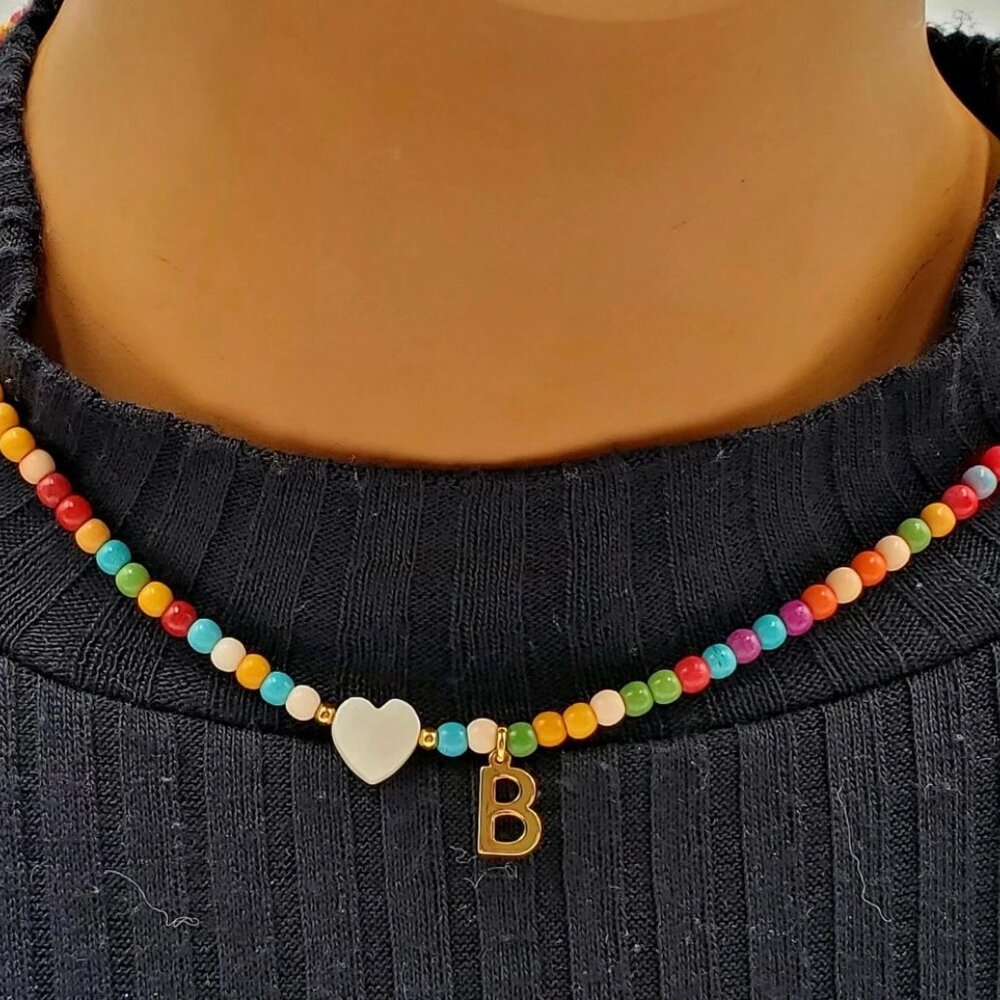 Multicolor Beaded Gold Tone Initial Cute Necklace